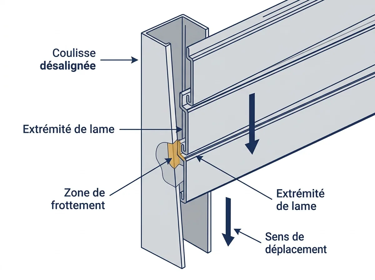 Coulisse de rideau métallique à Juvisy-sur-Orge : frottement des lames en cas de désalignement