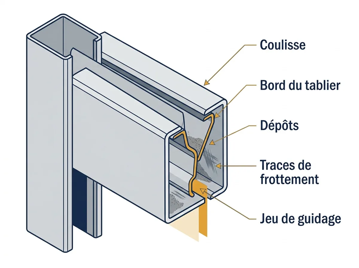 Coupe de coulisse d’un rideau métallique en Seine-et-Marne : dépôts, jeu et traces de frottement.