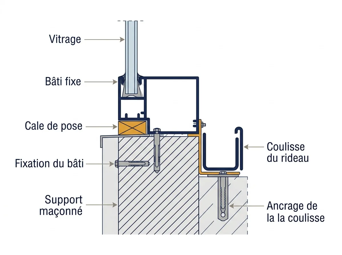 Coupe du bâti et des fixations d’une coulisse de rideau métallique dans la maçonnerie.