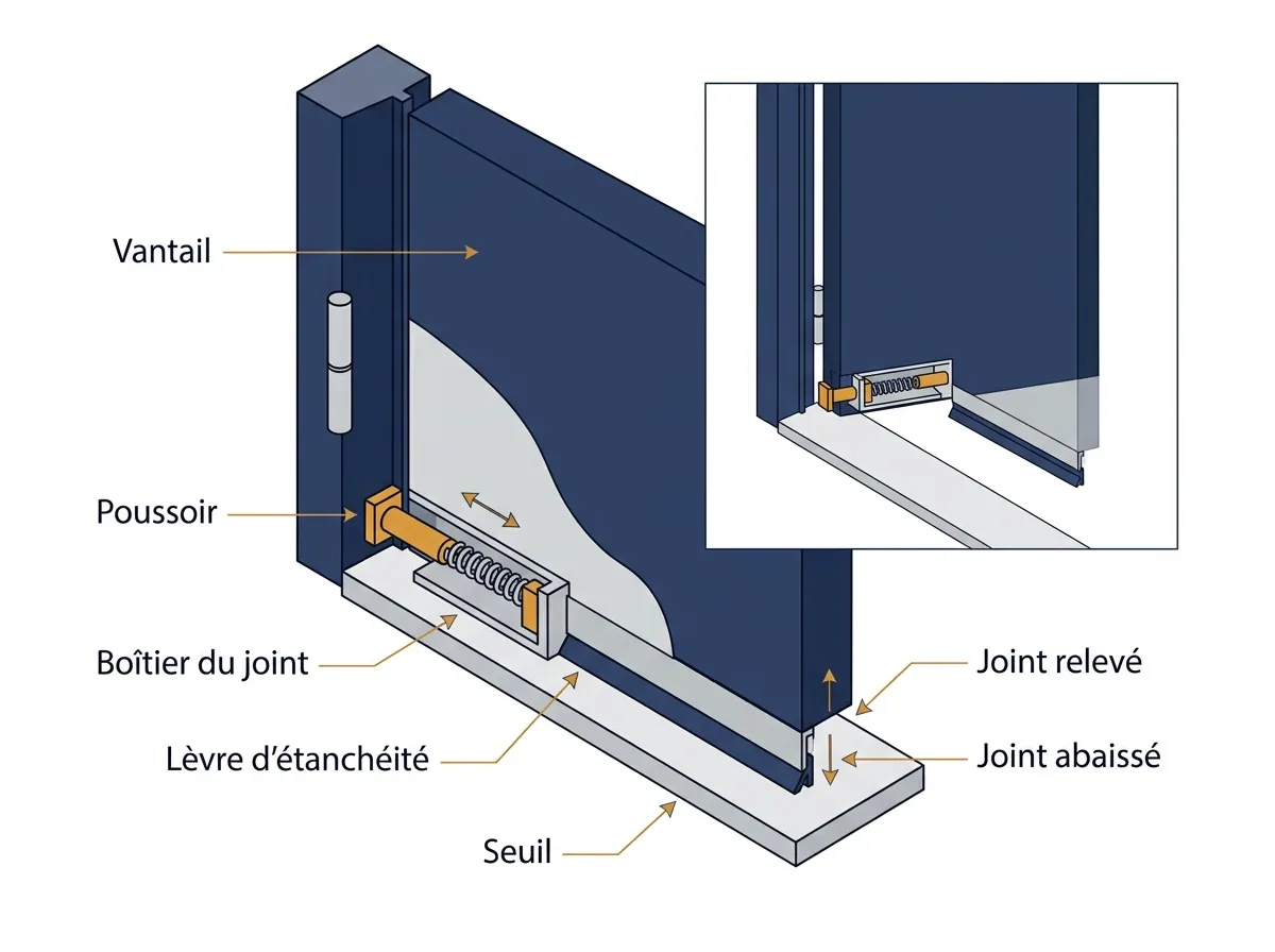 Coupe du joint automatique d’une porte blindée, relevé à l’ouverture et abaissé sur le seuil.