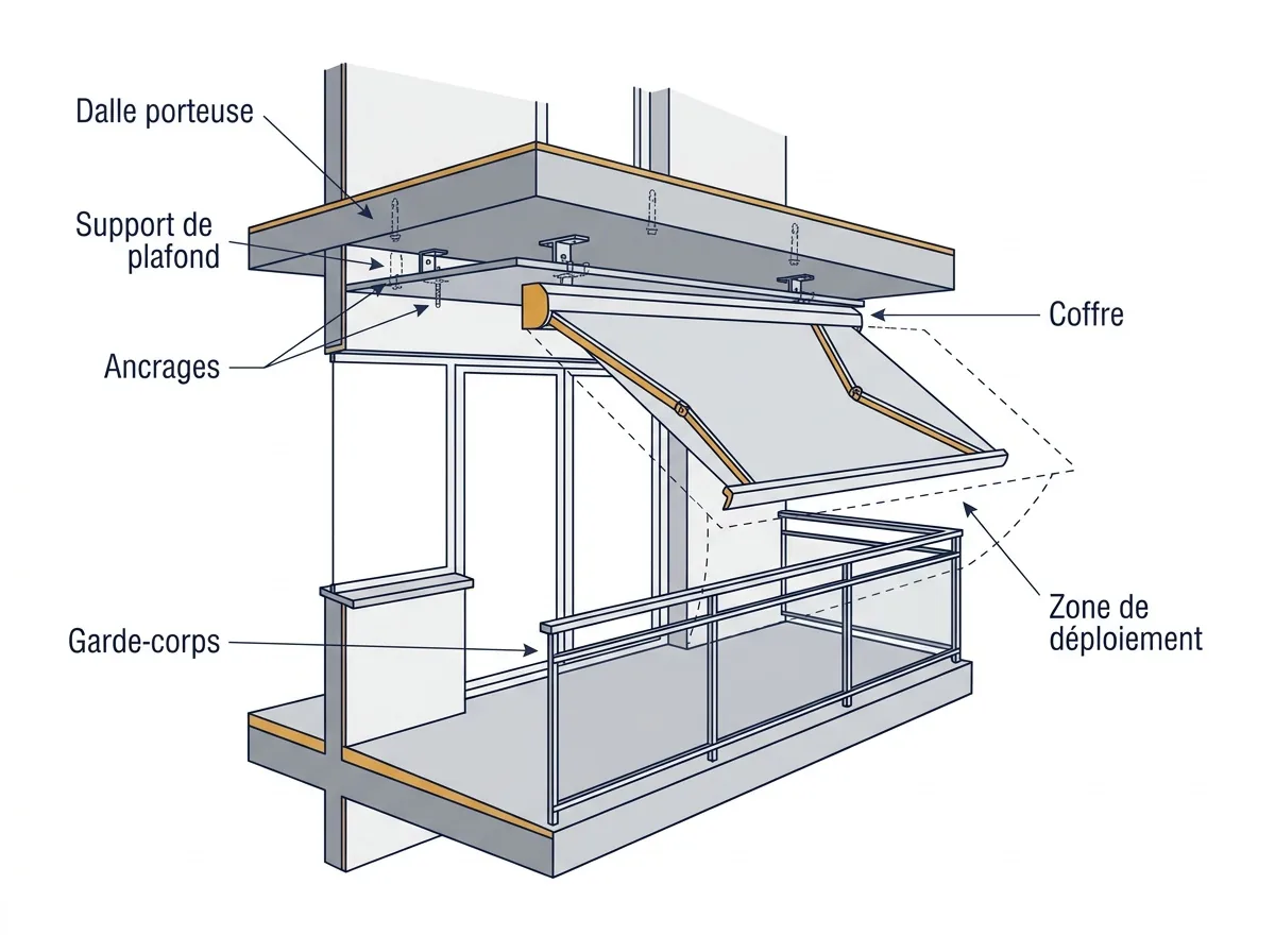Coupe d’un store banne sous dalle de balcon, avec ancrages et dégagement au-dessus du garde-corps.