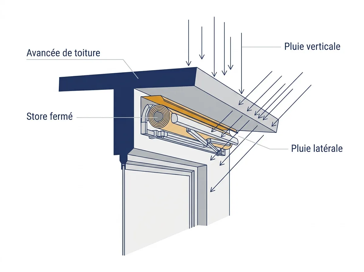 Coupe d’un store banne sous une avancée de toiture laissant passer la pluie latérale.
