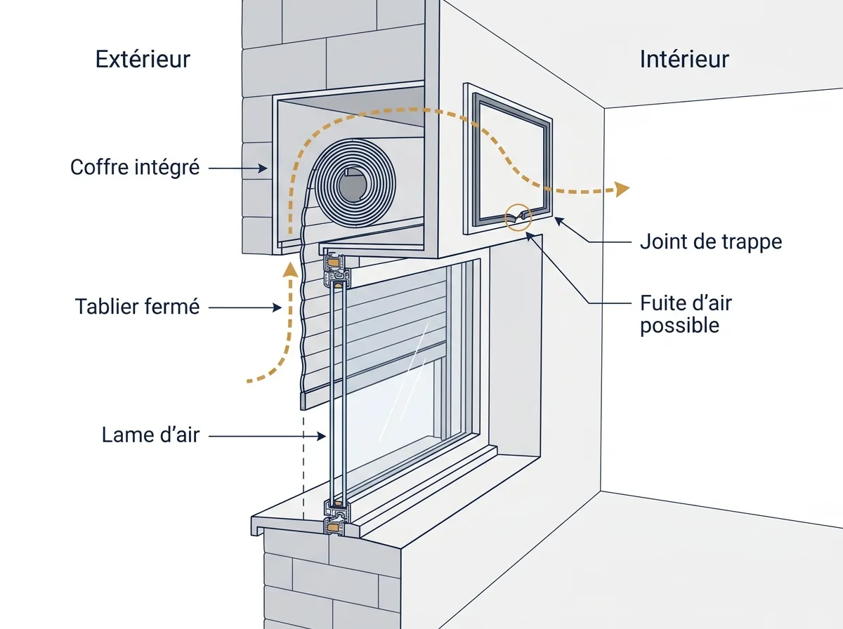 Coupe d’un volet roulant fermé : lame d’air devant la fenêtre et fuite possible au joint du coffre.