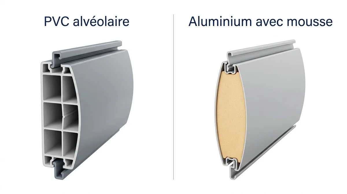 Coupes de lames de volet roulant : PVC alvéolaire et aluminium avec mousse isolante.
