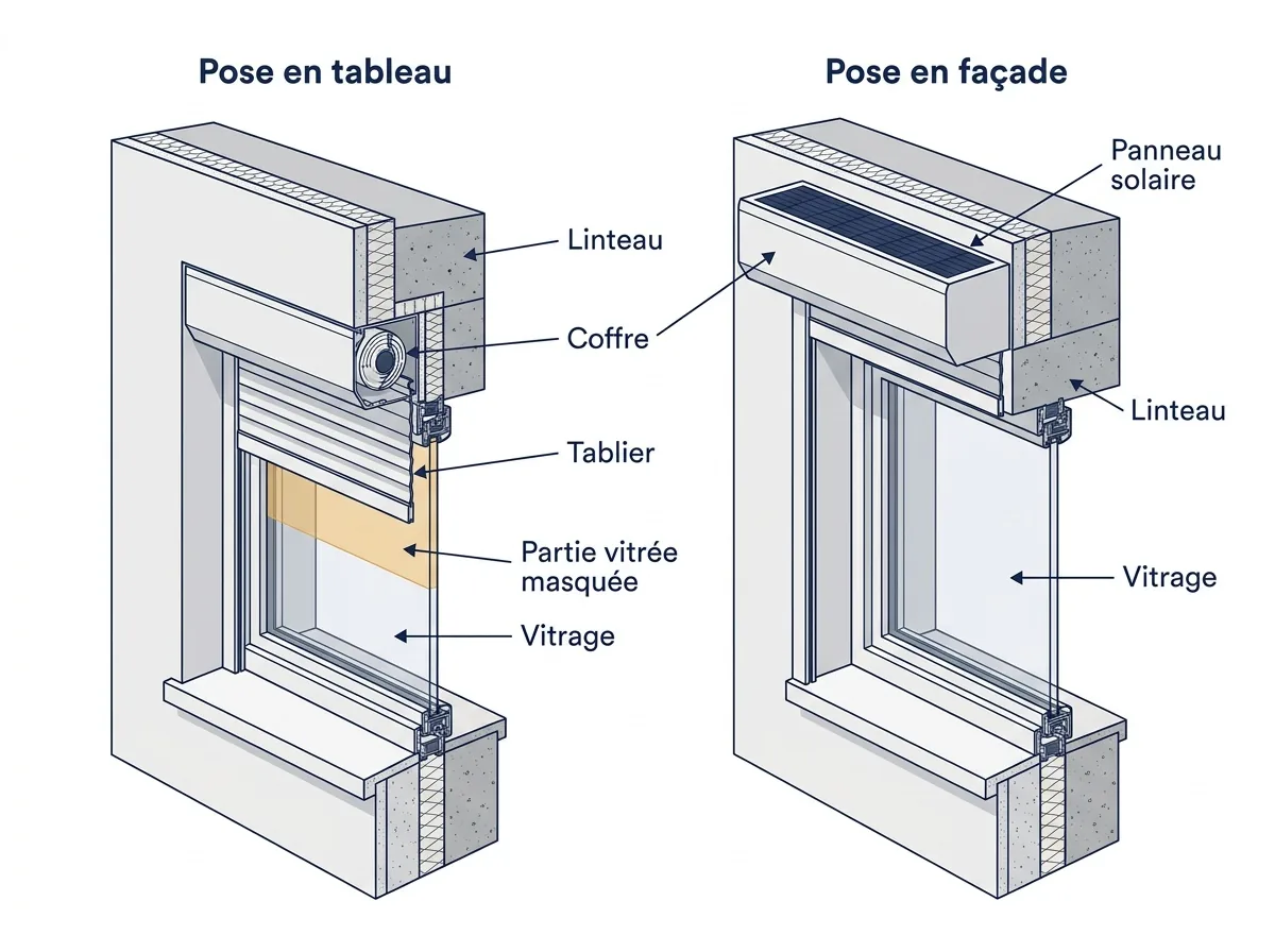 Coupes du volet roulant solaire en tableau et en façade, avec l’emplacement du coffre.