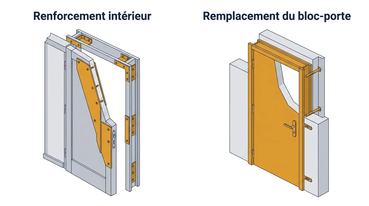 Deux projets de porte blindée en copropriété : renforcement intérieur ou remplacement du bloc-porte.