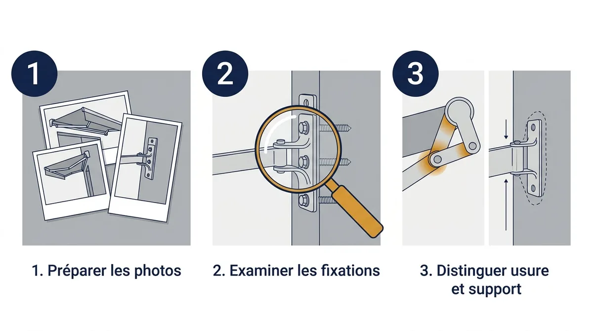 Diagnostic de store banne à Savigny-sur-Orge : photos, examen des fixations et distinction des défauts