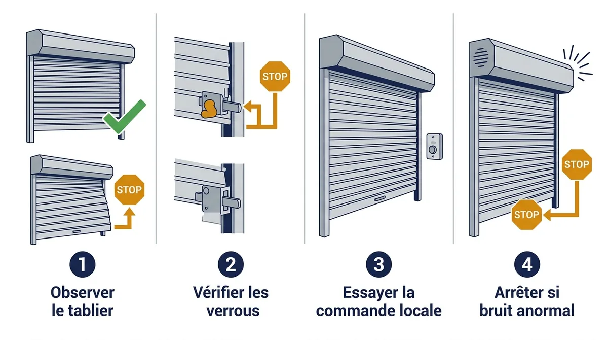 Diagnostic d’un rideau métallique bloqué : contrôles visuels et essai conditionnel de la commande.