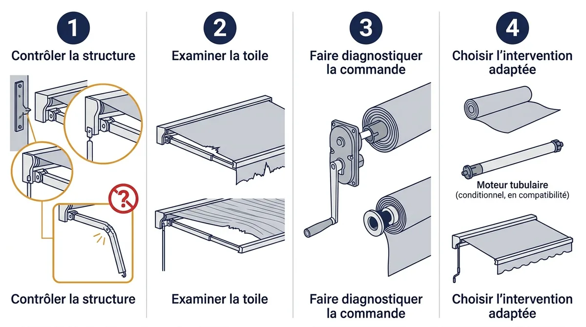 Diagnostic d’un store banne : structure, toile, commande et choix de l’intervention.