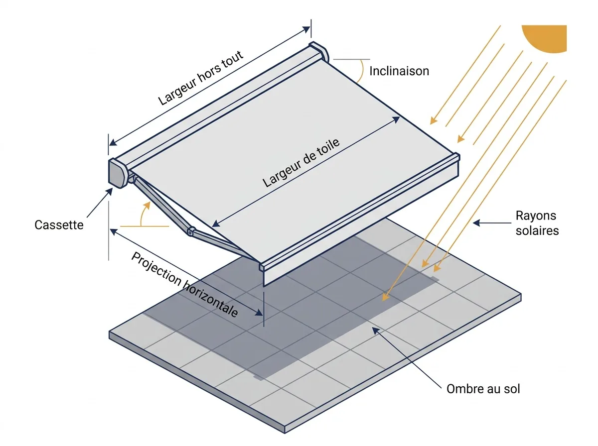 Dimensions d’un store banne déployé : largeur hors tout, largeur de toile, projection et ombre au sol.