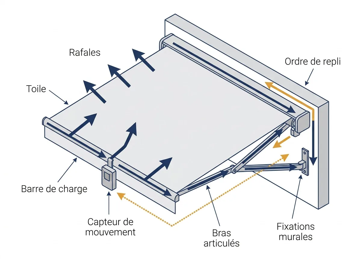 Efforts du vent sur un store banne et capteur de mouvement fixé sur la barre de charge.