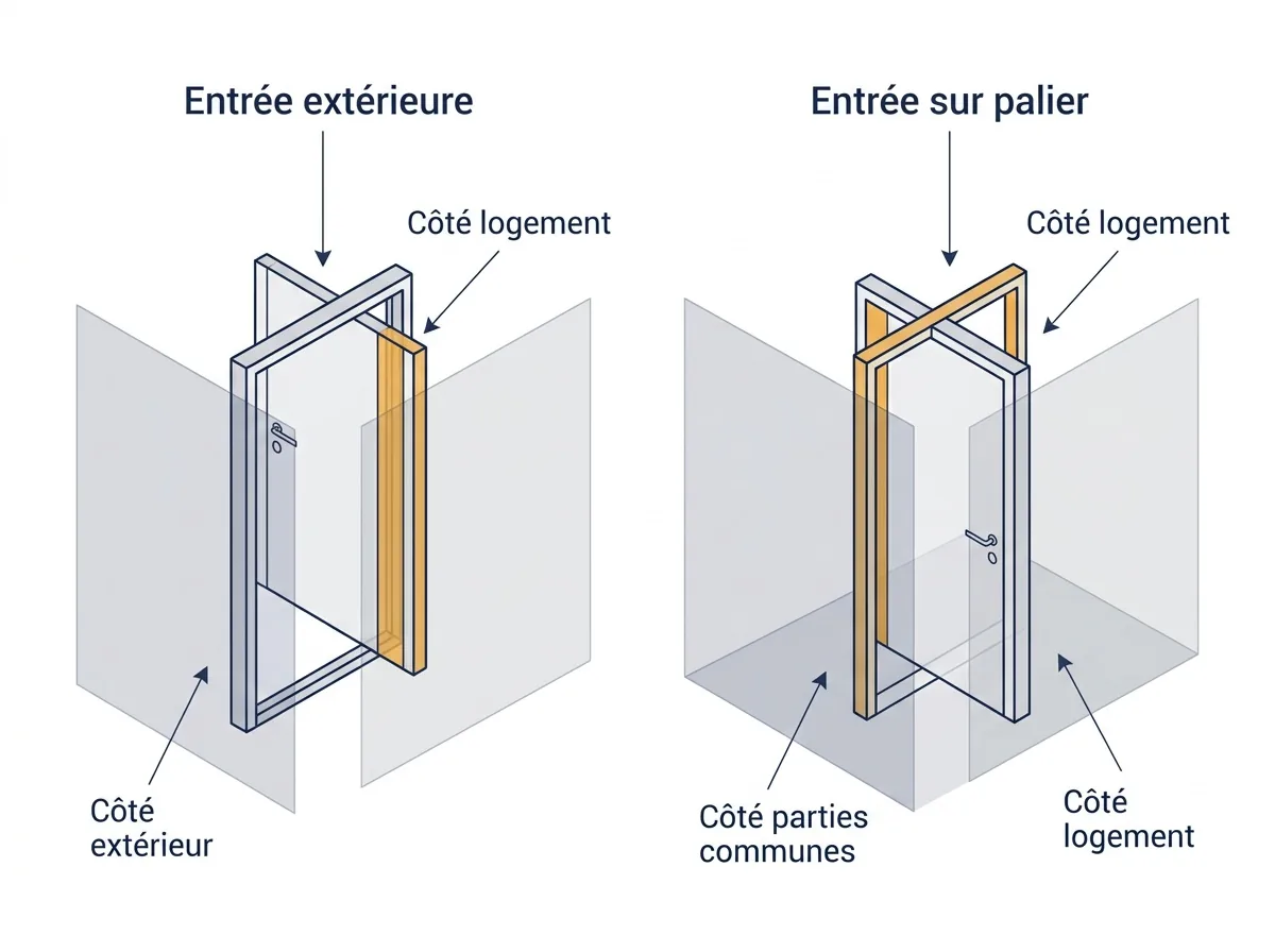 Entrée à Villeneuve-le-Roi : repérage des côtés logement, extérieur et palier
