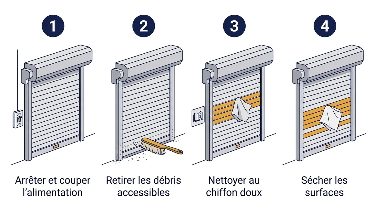 Entretien d’un rideau métallique : quatre étapes de nettoyage des surfaces accessibles depuis le sol.