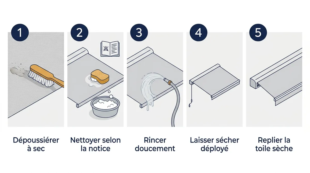 Entretien d’un store banne dans les Yvelines (78) : dépoussiérage, lavage, rinçage, séchage, repli.