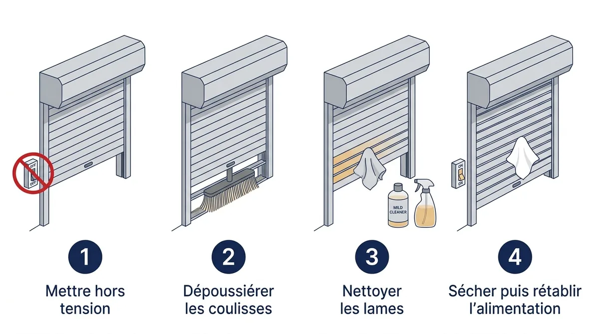 Entretien d’un volet roulant dans les Hauts-de-Seine : mise hors tension, nettoyage doux et séchage.