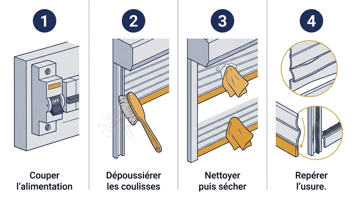 Entretien d’un volet roulant en Essonne : mise hors tension, nettoyage, séchage et contrôle visuel.