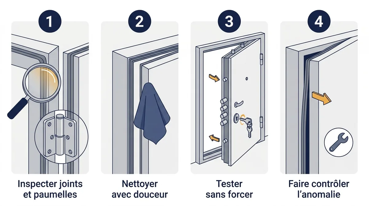 Entretien d’une porte blindée : inspection, nettoyage, essai et repérage des frottements.