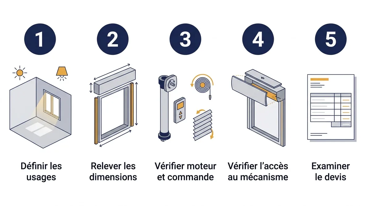 Étapes de choix d’un volet roulant à lames orientables : usages, mesures, commande, accès et devis.