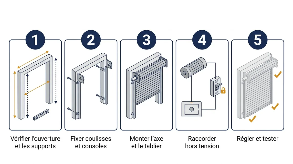 Étapes de pose d’un rideau métallique en Seine-et-Marne, des supports aux essais.