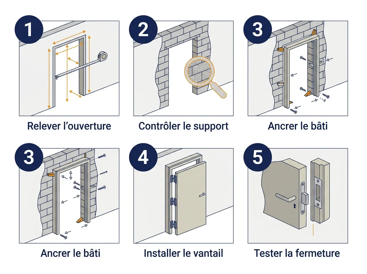 Étapes de pose d’une porte blindée dans les Yvelines (78), du relevé aux essais de fermeture.