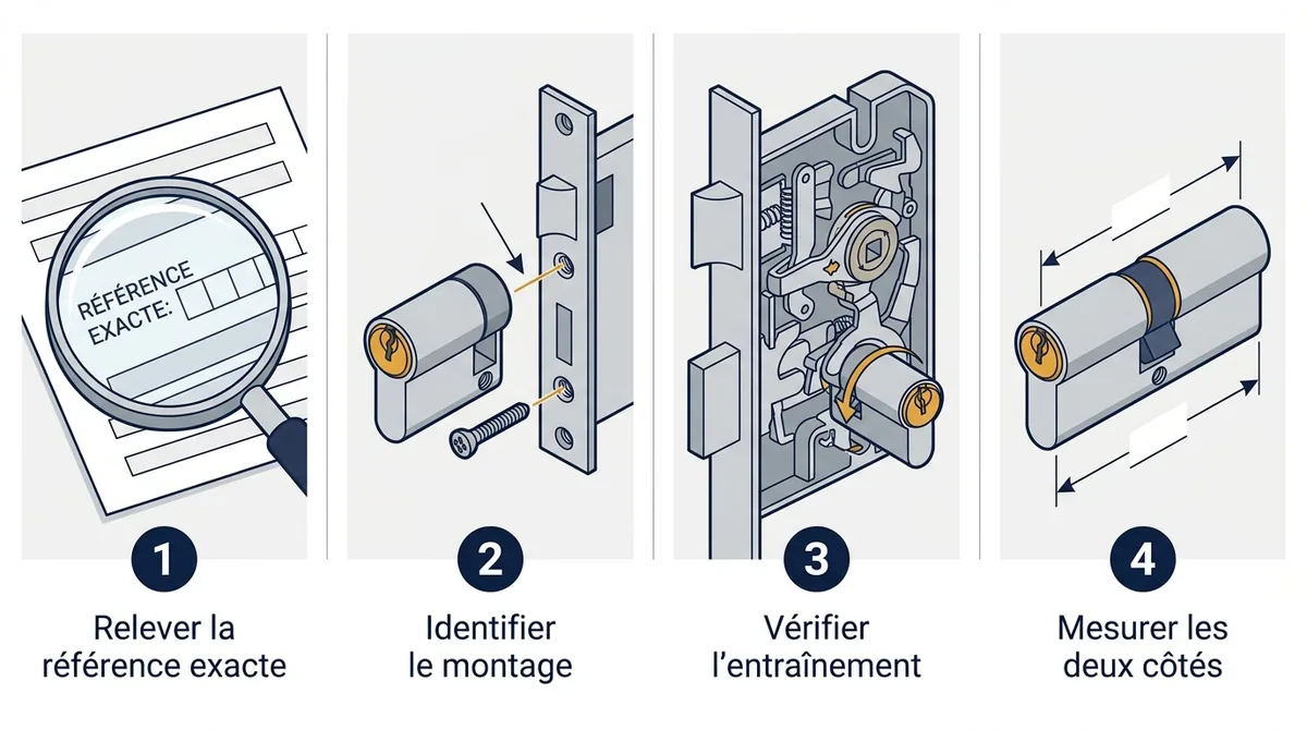 Étapes de repérage pour remplacer le cylindre d'une porte blindée : référence, montage et cotes.
