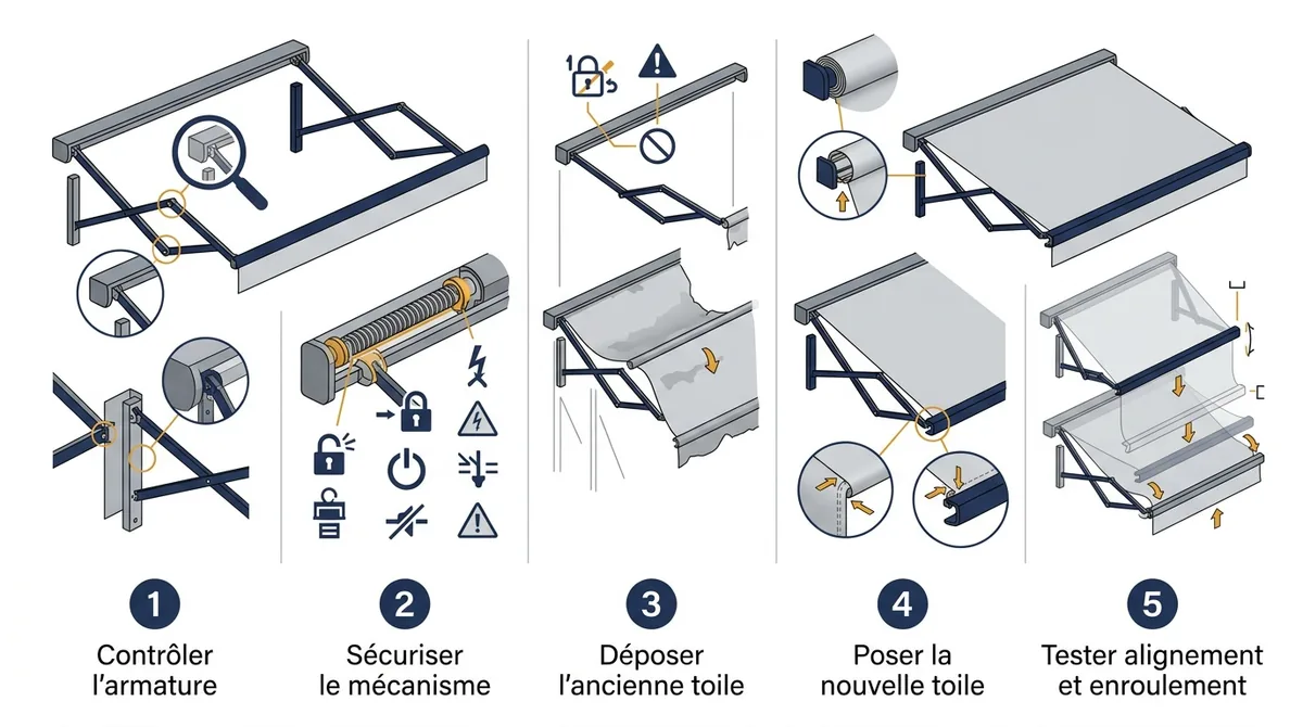 Étapes du remplacement professionnel d’une toile de store banne, du contrôle aux essais.