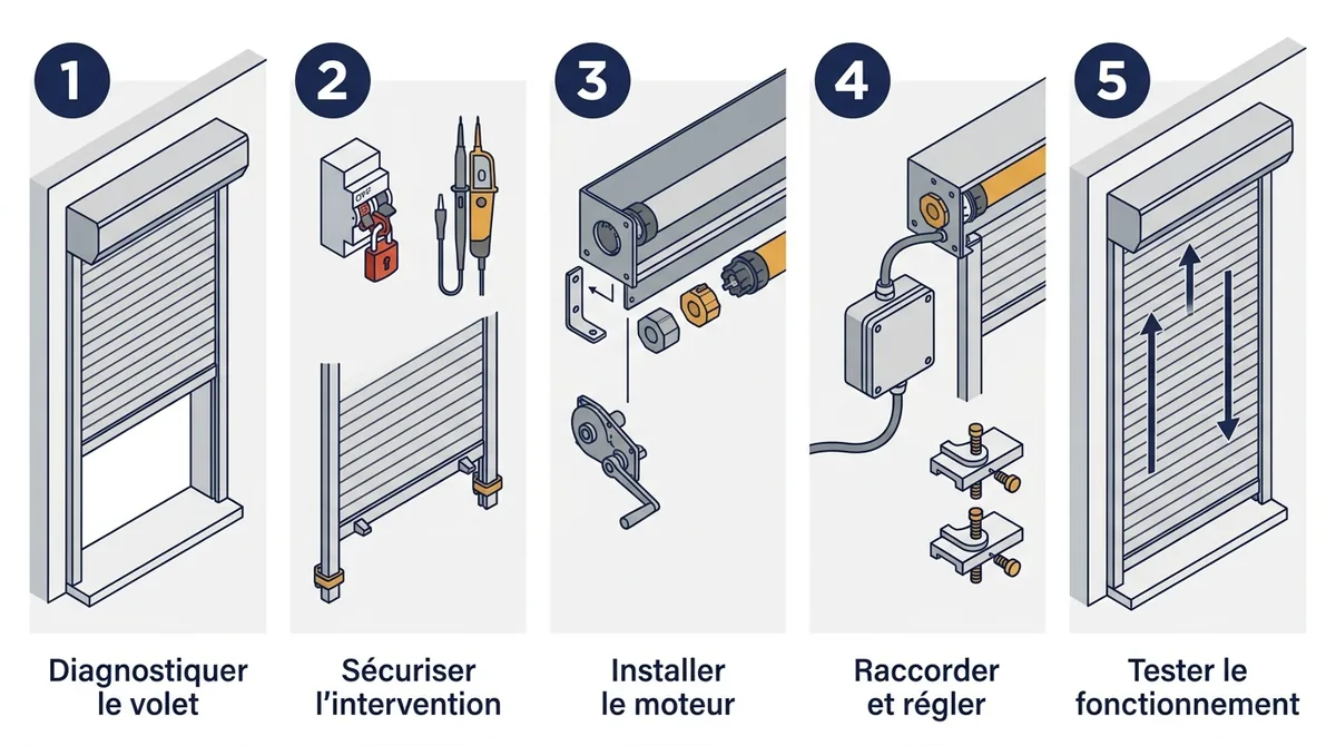 Étapes pour motoriser un volet roulant : diagnostic, sécurité, pose, réglage et essais.