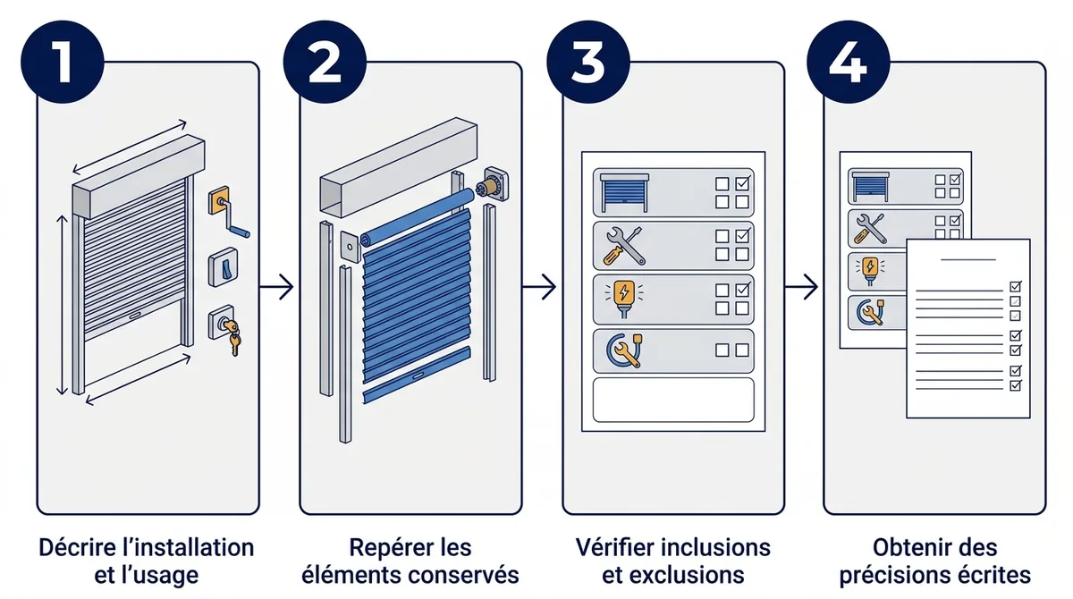 Étapes pour vérifier un devis et comparer le prix d’un rideau métallique à périmètre égal.