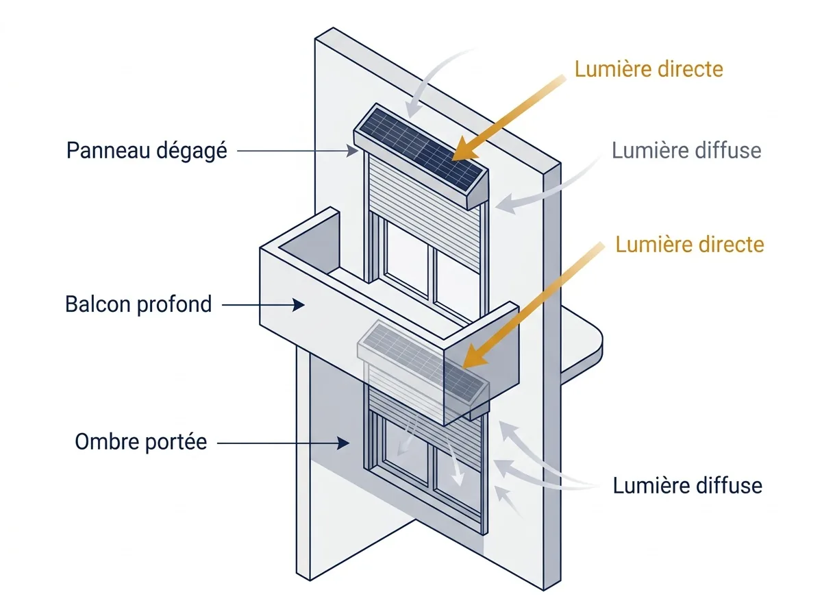 Exposition du volet roulant solaire : panneau dégagé, lumière diffuse et ombre portée d’un balcon.
