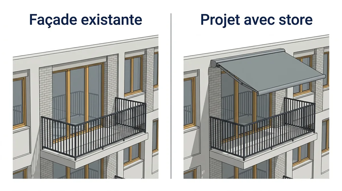 Façade avant et après un projet de store banne en copropriété, avec coffre et toile déployée.