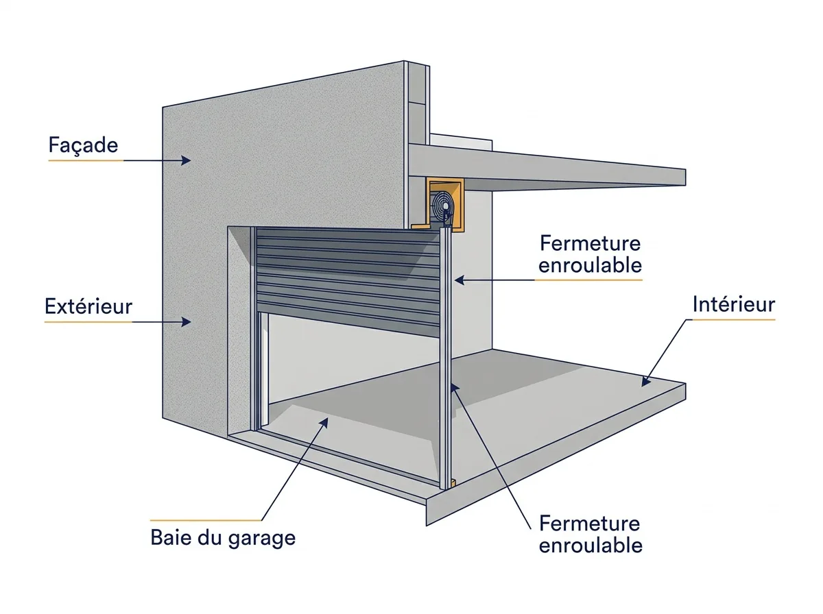 Fermeture de garage à Cesson : coupe montrant sa position dans la façade et l’espace intérieur