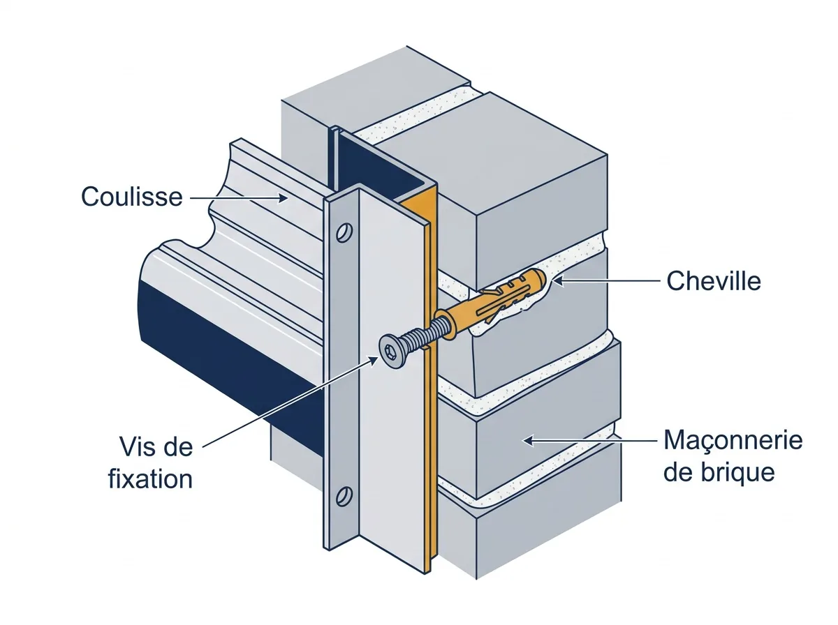 Fixation de coulisse à Jouarre : coupe de l’ancrage dans une maçonnerie de brique