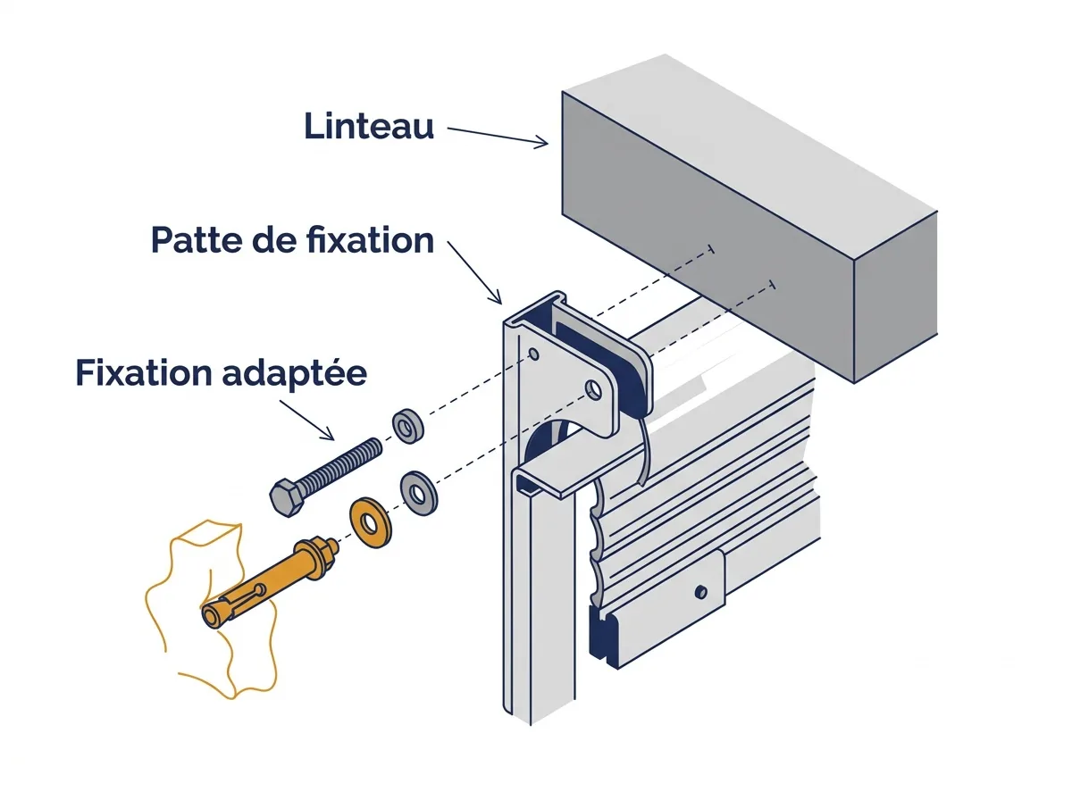 Fixation de rideau métallique à Eaubonne : vue éclatée du linteau, de la patte et de l’ancrage