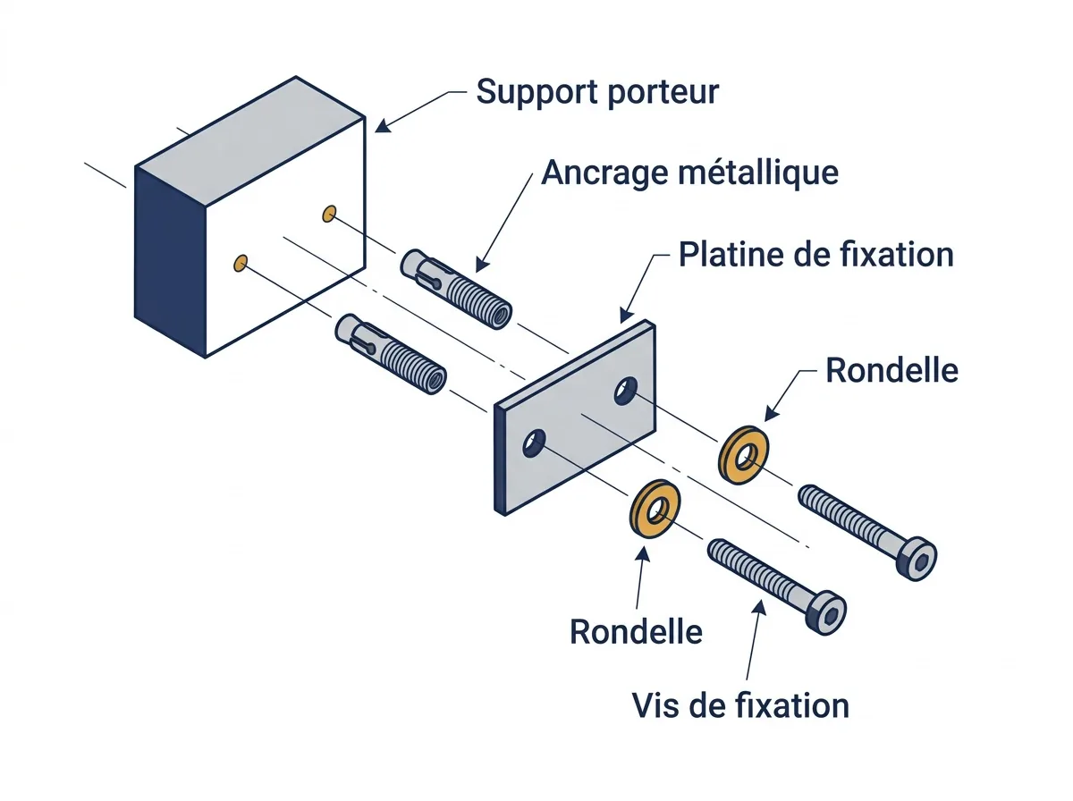 Fixation de rideau métallique à Juvisy-sur-Orge : vue éclatée de la platine et des ancrages