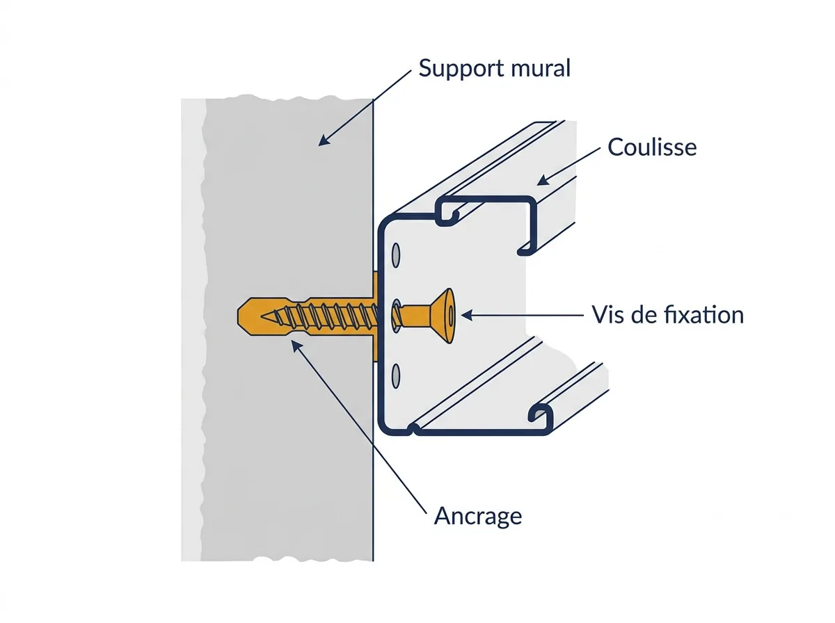 Fixation de rideau métallique à Melun : coupe de l’ancrage d’une coulisse dans son support