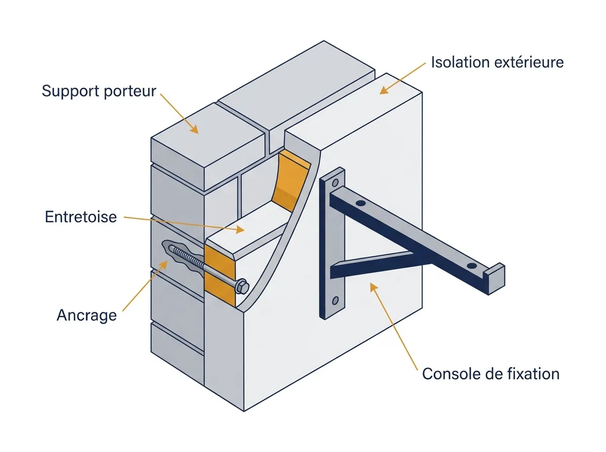Fixation de store à Chessy : coupe d’un ancrage traversant l’isolation jusqu’au support porteur