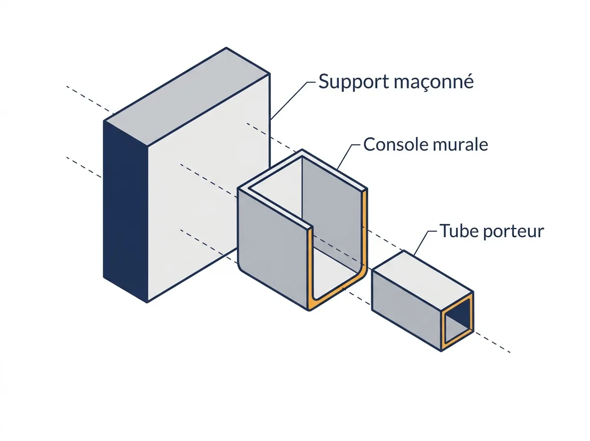 Fixation de store à Mitry-Mory : vue éclatée du support maçonné, de la console et du tube porteur