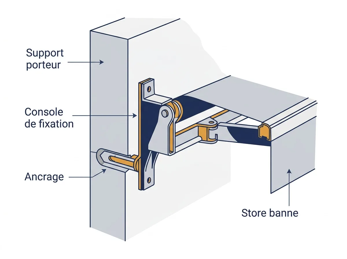 Fixation de store banne à Combs-la-Ville : coupe de la console et de son ancrage dans le support