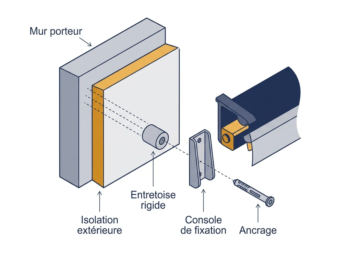 Fixation de store banne à Évry-Courcouronnes : vue éclatée de l’ancrage à travers l’isolation