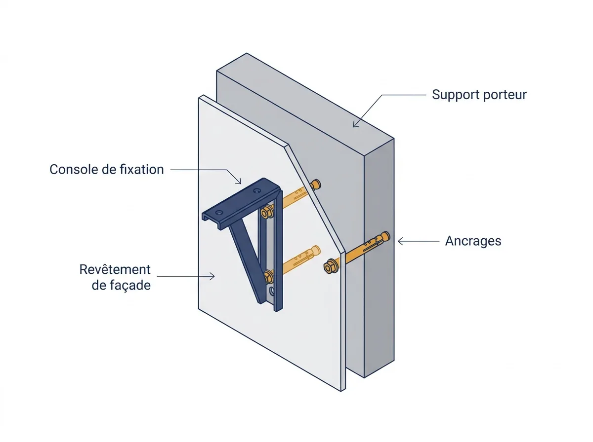 Fixation de store banne à Noisiel : console et ancrages atteignant le support porteur