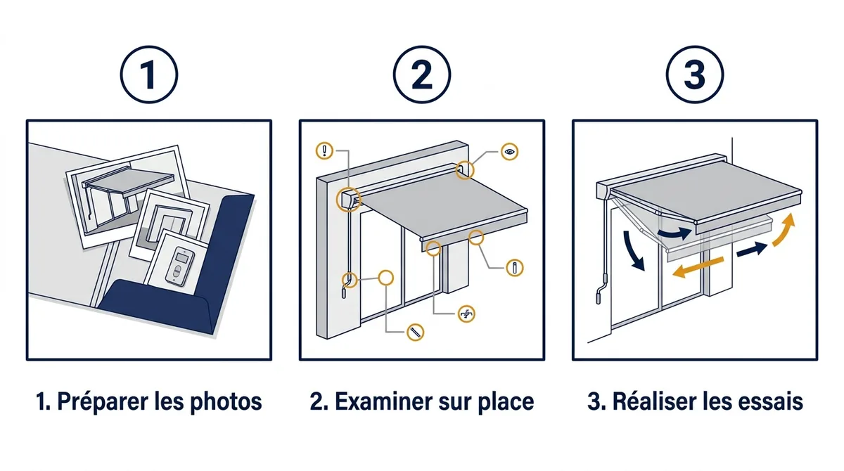 Intervention sur store à Bourron-Marlotte : préparation des photos, examen sur place et essais