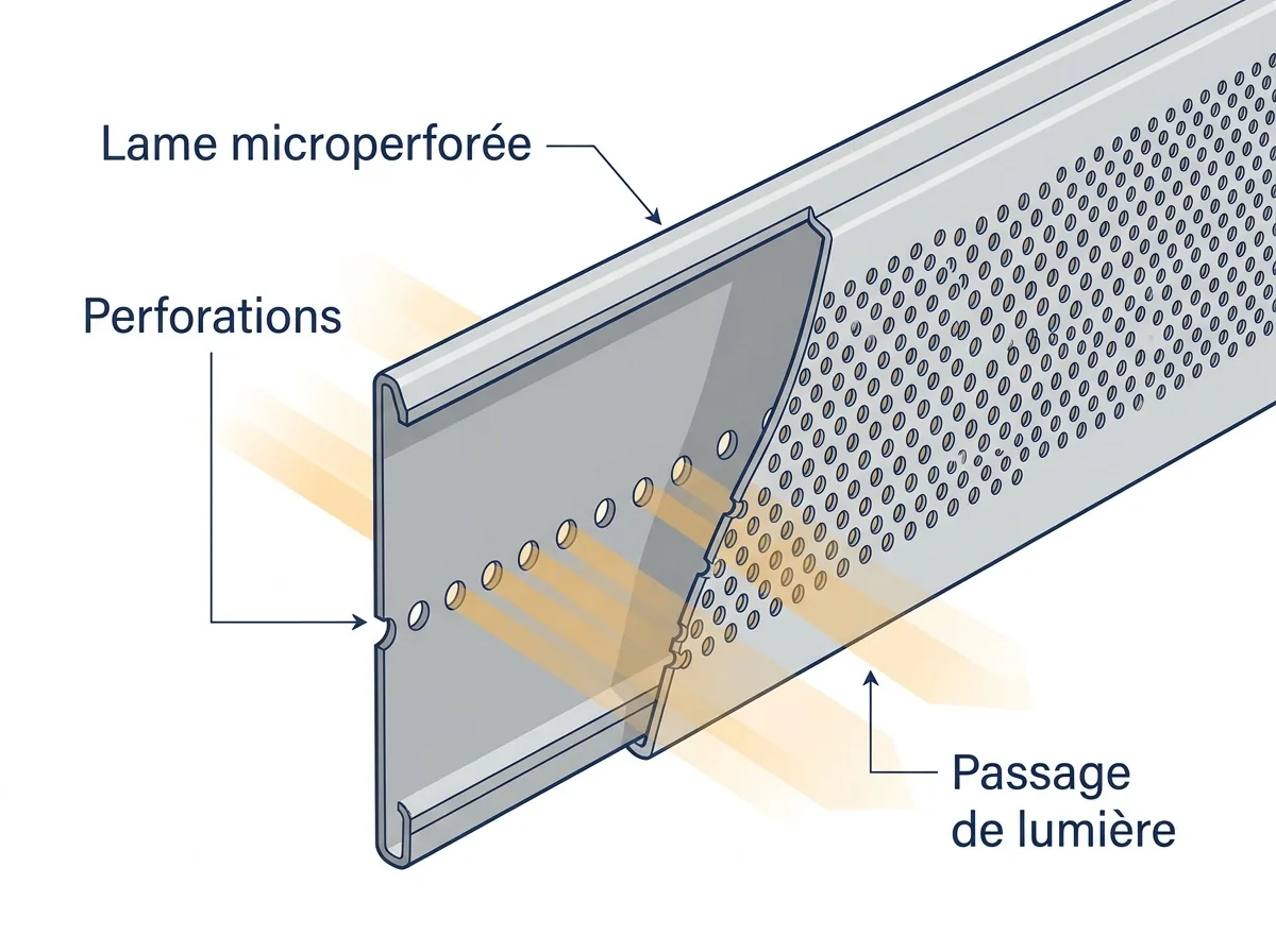 Lame microperforée à Épinay-sous-Sénart : coupe des perforations laissant passer la lumière