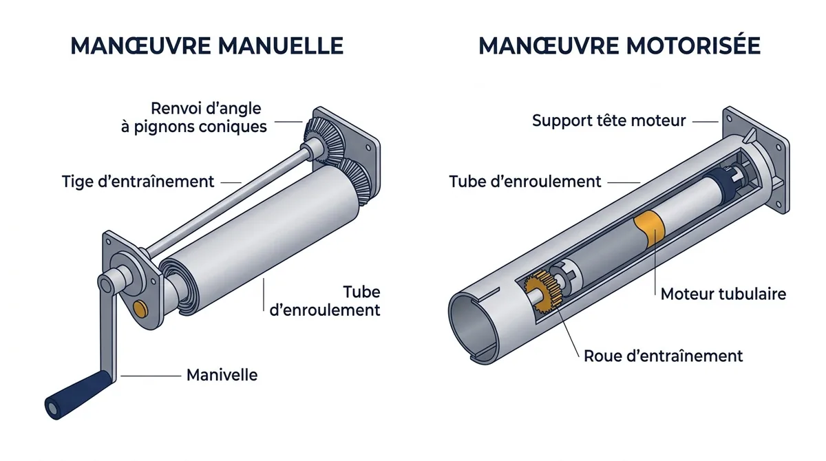 Mécanisme de volet à Saint-Pierre-du-Perray : comparaison des manœuvres manuelle et motorisée