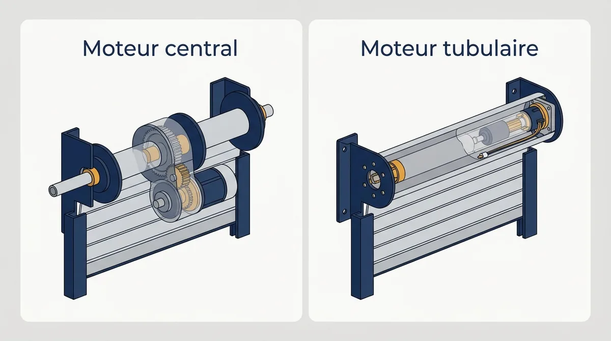 Moteur de rideau métallique à Chevilly-Larue : comparaison des montages central et tubulaire.