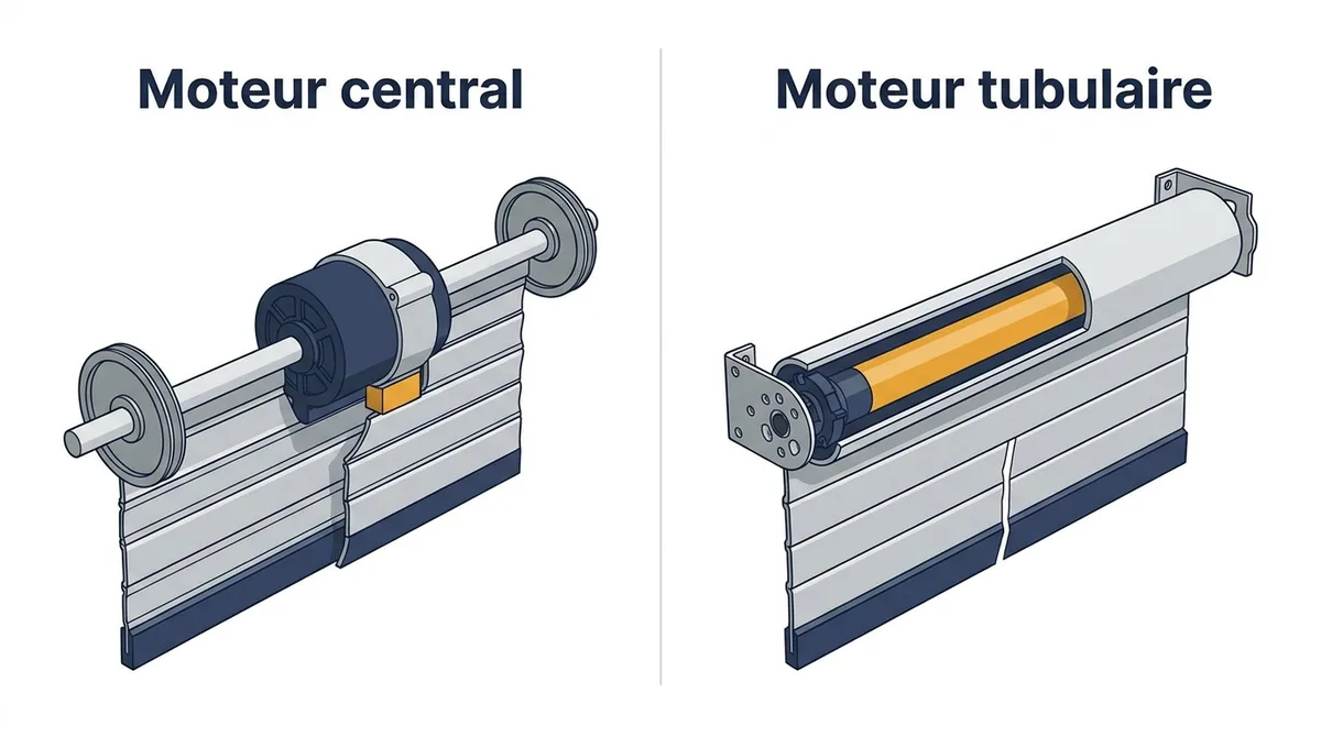 Moteur de rideau métallique à Fleury-Mérogis : comparaison des montages central et tubulaire