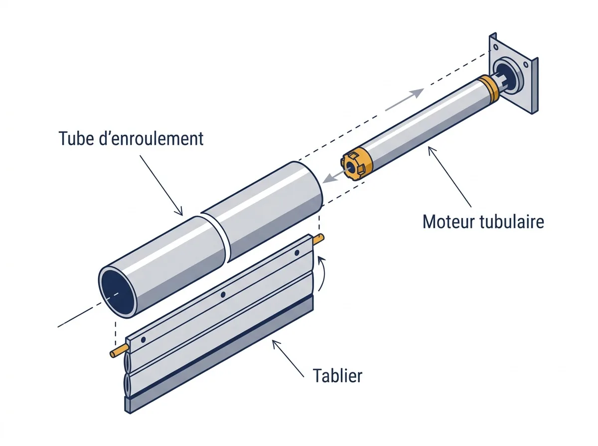 Moteur tubulaire à Coulommiers : vue éclatée de son insertion dans le tube d’enroulement