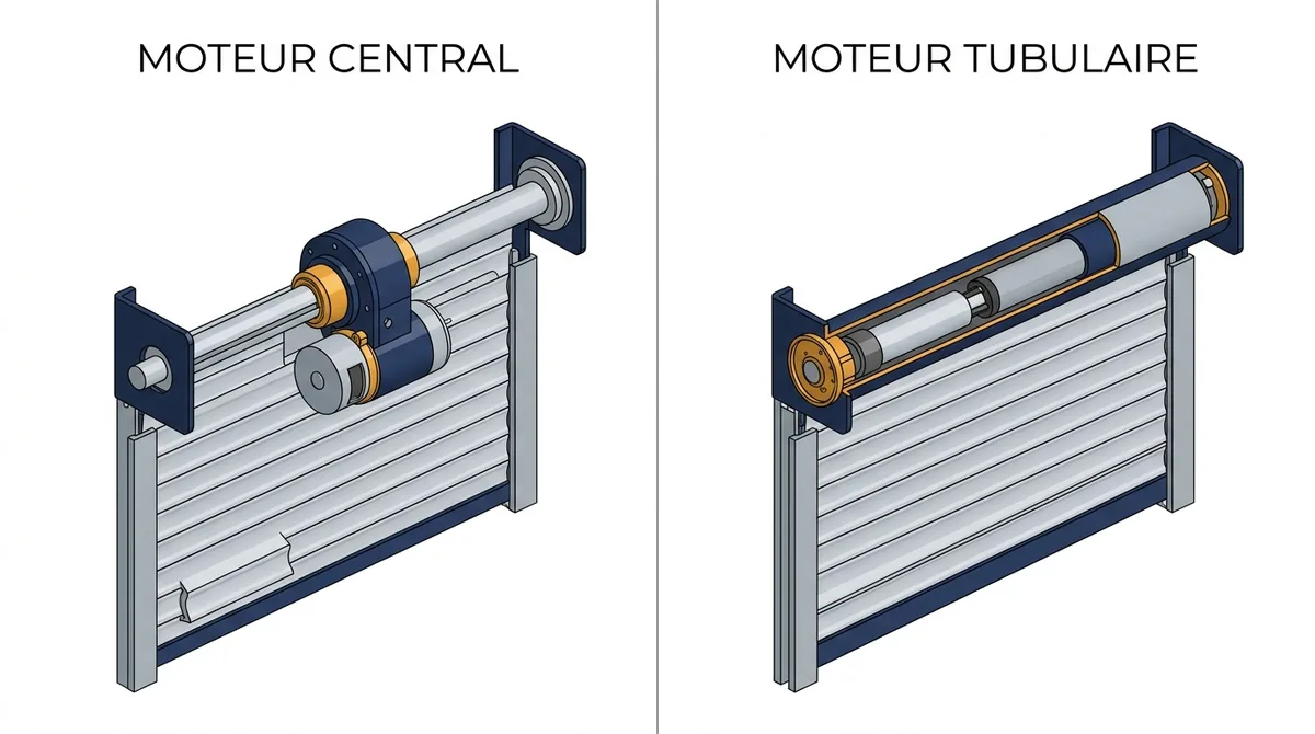 Motorisation à Château-Landon : moteur central monté sur l’axe et moteur tubulaire logé à l’intérieur