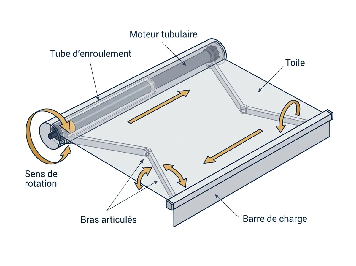 Motorisation de store à Chevry-Cossigny : rotation du tube et enroulement de la toile
