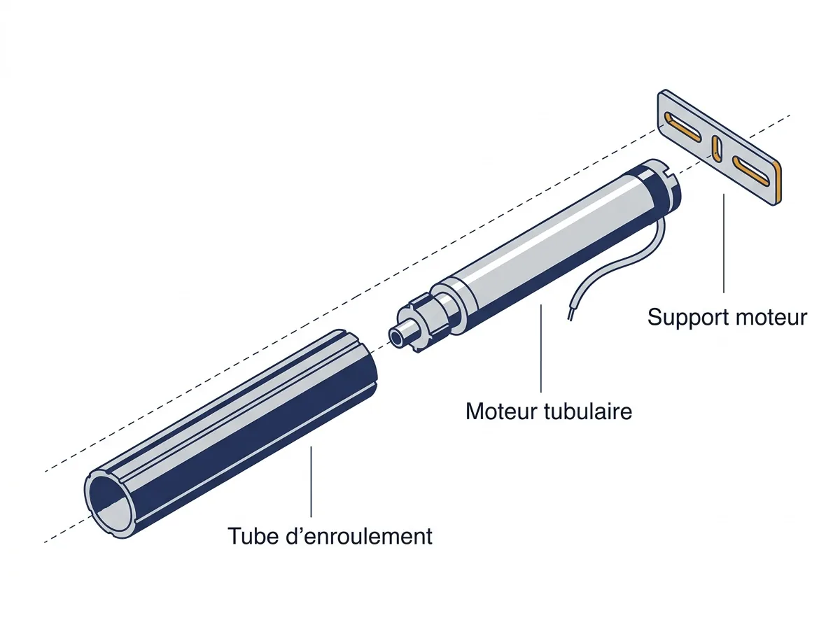 Motorisation de store à Pontault-Combault : vue éclatée du tube, du moteur et de son support