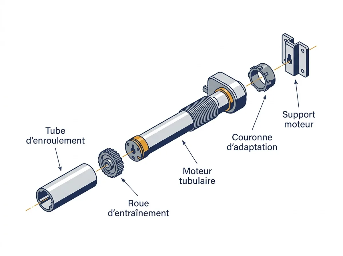 Motorisation de store banne à Trappes : vue éclatée du moteur et de ses pièces d’adaptation